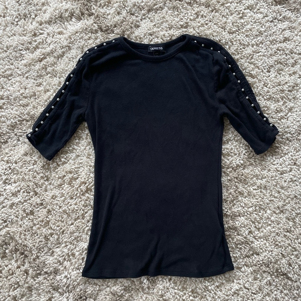 Express Ribbed Pearl Inset Tee, S - Picture 2 of 3